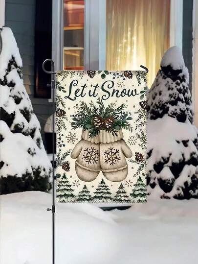 1 pieza Bandera de jardín de invierno de doble cara de 11.8x17.7 pulgadas "Deja que Nieve" con diseño de guantes y árboles, de poliéster impermeable, decoración multiusos para exteriores y patio del hogar