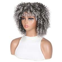Tóc giả ngắn xoăn bằng sợi tổng hợp có mái, tóc giả xoăn xù kiểu Afro màu xám ombre, tóc giả dài ngang vai không cần keo dán dành cho người Mỹ gốc Phi. - Màu xám ombre - Xem 7