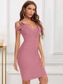 Váy băng đô dài đến đầu gối, dây đôi gợi cảm mới dành cho nữ, váy dự tiệc không tay - Bụi hồng - Xem 4