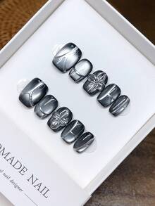 10片纯手工可穿戴指甲短方形指甲形状，手绘猫眼3D雕刻花朵指甲，高品质回火简约设计指甲，按压式指甲 - 彩色 - 查看 2