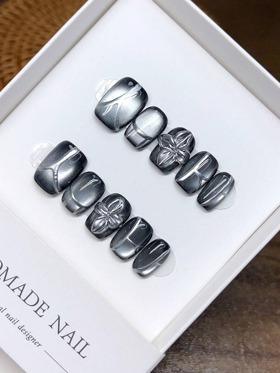 10片纯手工可穿戴指甲短方形指甲形状，手绘猫眼3D雕刻花朵指甲，高品质回火简约设计指甲，按压式指甲