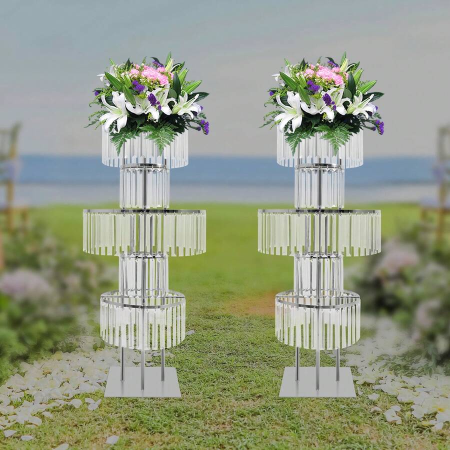2PCS Flower Stand, Crystal Flower Stand, 5-Tier Acrylic Flower Stand,43.3in Height Metal Pedestal Stands For Table Chandelier Centerpiece Wedding, Party Events Home Decor - Clear, Silver - 查看 1