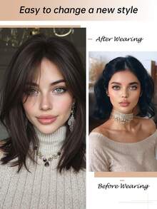 14 Inch Deep Brown Layered Bob Wig, French Eight-Shaped Bangs Face-Framing, Smooth Straight Short Hair, High-Temperature Synthetic Fiber, Versatile For Daily Commute, Workplace, Dating, Breathable Adjustable Mesh Cap - 黑棕色 - 查看 2