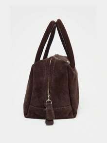 Women's Suede Shoulder Bag, Handbag & Crossbody Bag With Zipper, Bowling Bag Style, Boston Bag, Korean Fashion - Cà phê - Xem 4
