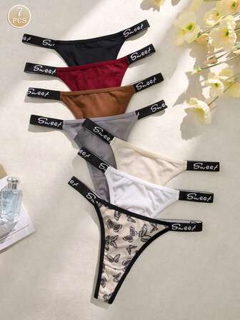 7 piezas Ropa interior tipo tanga de mujer de cintura baja con decoración de letras