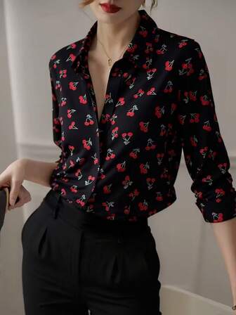 Women's Elegant Cherry Blossom Print Long Sleeve Shirt, Fashionable Casual Comfortable Blouse, Easy Care Fabric, Suitable For Office And Business Casual, Perfect For All Seasons, Versatile Commuter Wear