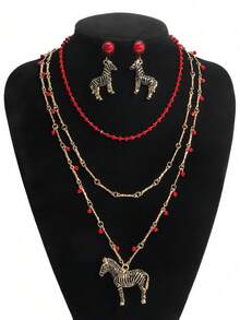 5pcs Vintage Enamel Zebra Animal Pendant Earrings Necklace Set, Handmade Multi-Layer Beaded Zebra Jewelry With Stylish Design, Perfect Jewelry Gift For Women