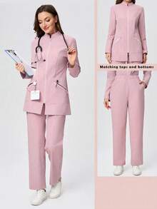 بدلة بنطلون ذات طوق عالي وجيوب متعددة وسحاب أكمام طويلة، بتصميم أنيق وأنيق لزي العمل للنساء، مناسبة للتمريض والعيادات الطبية ومراكز الأمومة، طقم مكون من قطعتين - وردي - مشاهدة 1