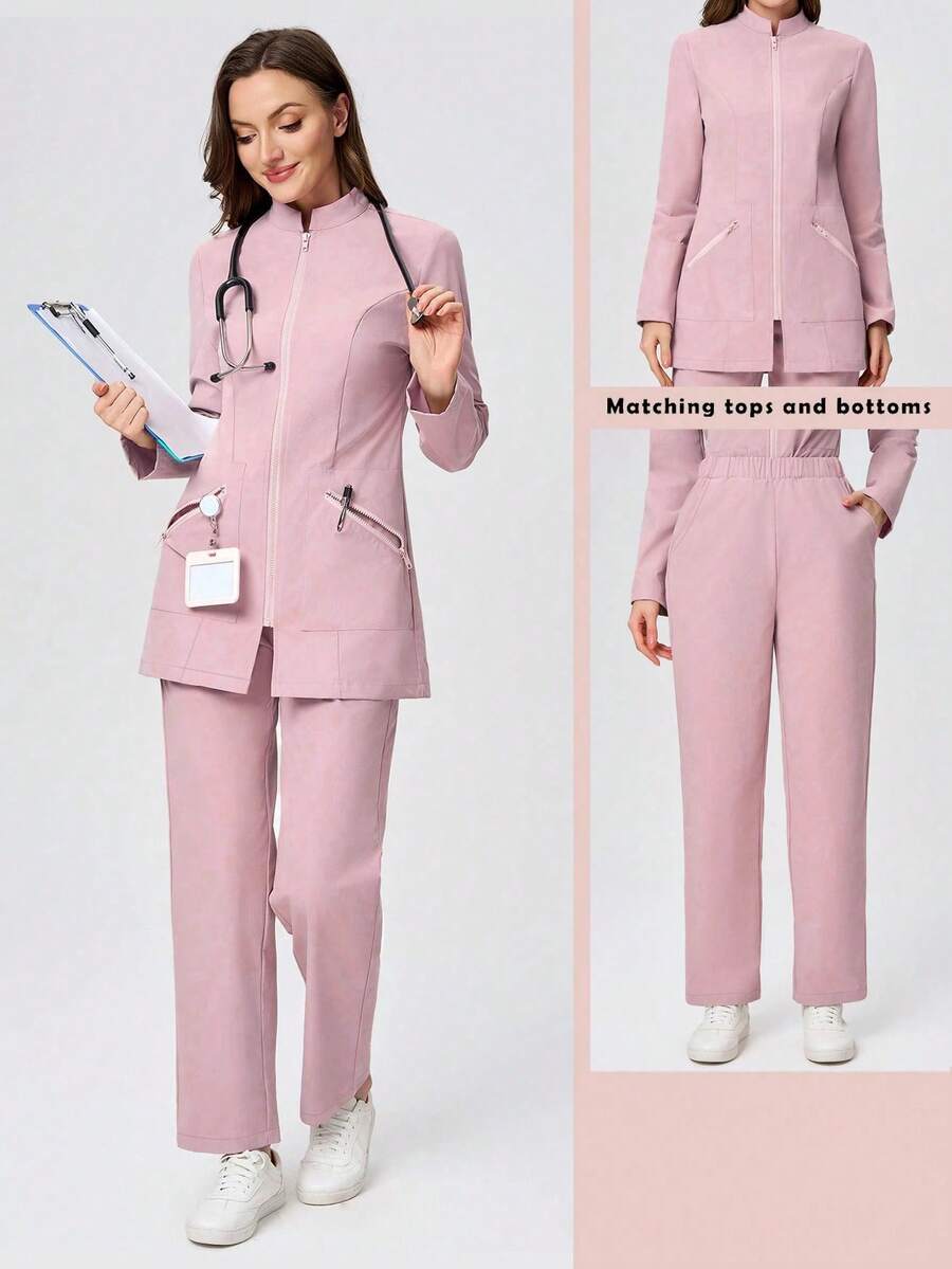 بدلة بنطلون ذات طوق عالي وجيوب متعددة وسحاب أكمام طويلة، بتصميم أنيق وأنيق لزي العمل للنساء، مناسبة للتمريض والعيادات الطبية ومراكز الأمومة، طقم مكون من قطعتين - وردي - مشاهدة 1