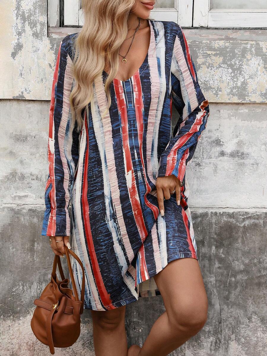 Vestido casual de mujer con cuello en V, mangas con volantes y estampado de rayas suelto