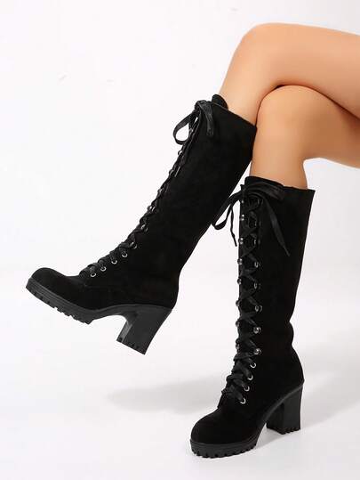 Women's Solid Color Lace-Up Thick Heel Knee-High Boots, Thermal Lined For Comfort And Warmth, Suitable For Daily Wear, Parties, Fashion Shows, Includes Mid-Calf, Over-The-Knee, And Everyday Boots