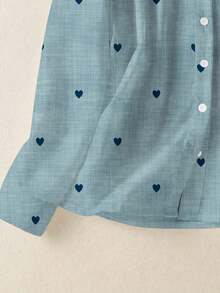 Plus Size Women's Romantic Heart Print Long Sleeve Button-Up Shirt With Pockets, Suitable For Autumn, Winter And Spring - Navy Blue - View 8