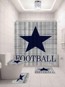 Conjunto de cortina de chuveiro com estampa de estrela de futebol, 1/3/4 peças, à prova d'água, lavável, para decoração de banheiro, com cortina de privacidade para janela, acessórios para banheiro, tecido de poliéster à prova d'água, tapete de banho antiderrapante, tapete higiênico em formato de U, divisória de banheiro, acessórios decorativos, decoração moderna para sala de estar, cortina suspensa, adequada para decoração de casa, decoração de banheiro, decoração de Natal, decoração para feriados e do dia a dia