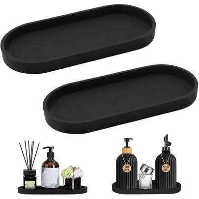2 件装 25 X 11 厘米椭圆形装饰托盘黑色硅胶浴室托盘黑色托盘浴室装饰托盘黑色适用于卧室厨房卫生间储物精油