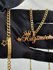 2 Stücke Geschenk zur Schulanfang, personalisiertes Schmuckset, bestehend aus personalisierter Stern-Namenskette und Armband-Set, Edelstahl-Stern- und Kronen-Anhänger mit eingraviertem Namenskette, einfaches, lässiges, hippes, gotisches, punk-artiges, personalisiertes, einzigartiges Geschenk für sie, ihren Freund, ihre Freundin, ihren Vater