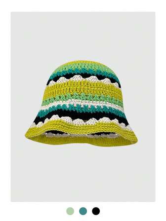 Vintage Handmade Knitted Bucket Hat, Floral Hollow Out Design, Sweet & Versatile, Suitable For Women In Autumn/Winter