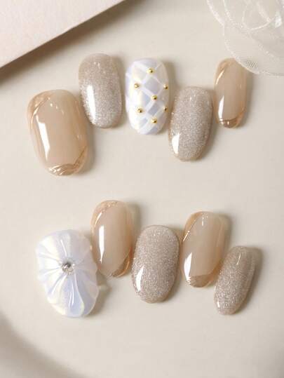 10pcs Press-On Almond Short False Nails, Light Brown, Cat Eye, White, Aurora Gel Flower Design, Artificial Nail Kit Includes 1 Adhesive Sticker Sheet And 1 Mini Nail File