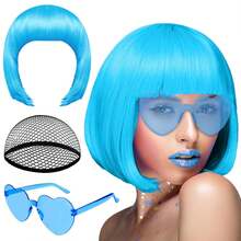 PLULON Sky Blue Bob Wig And Sunglass Set, Neon Short Bob Wig Sunglass Pack Costume Colorful Cosplay Wig Hairpieces For Bachelorette Neon Party Favors, Halloween Decorations - 彩色 - 查看 2