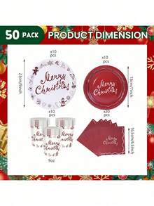 10/20/50 件，深红色和白色圣诞纸盘、杯子和餐巾，红色圣诞冬季雪花一次性餐具套装，带有圣诞老人和驼鹿的圣诞餐具，适合圣诞派对和新年派对的红色银器 - 彩色 - 查看 12