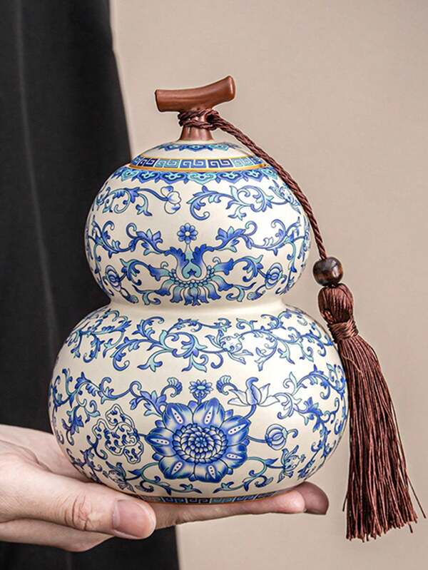 1pc Vintage Blue And White Porcelain Storage Jar With Enamel Color, Ceramic Sealed Tea Canister, Tea Caddy, Table Ornaments, Tea Accessories