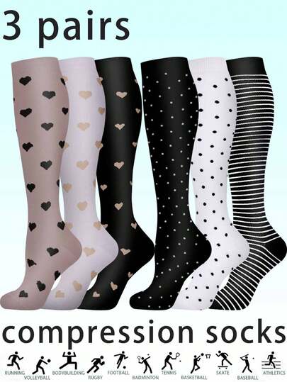 3 pares de calcetines de compresión para hombres y mujeres, aptos para trabajo al aire libre, ocio diario, fútbol, baloncesto, senderismo, ciclismo, gimnasia, porristas, tenis y otros deportes. Fabricados en mezcla de nailon y poliéster tejido.