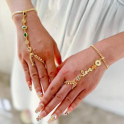 1pc Minimalist Colorful Heart Linked Fingerless Bracelet, Suitable For Women's Daily Wear, Birthday Gift