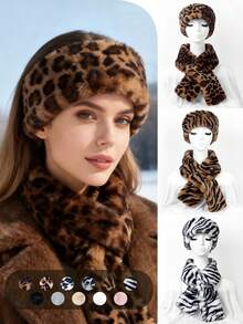 1pc Women's Leopard Print Casual Headband Scarf Set With Beret Hat, Warm & Versatile Faux Fur Cap, Autumn/Winter - Multicolor - View 10