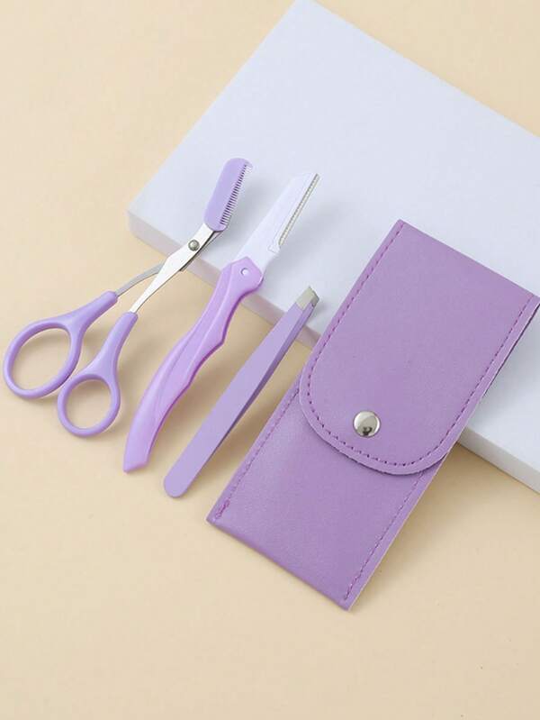 4pcs Eyebrow Trimmer Set, Stainless Steel Eyebrow Razor Blades, Makeup Tools, Safety Eyebrow Shaper (Purple Eyebrow Razor + Eyebrow Tweezers + Eyebrow Scissors + Leather Case)