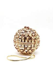 Mini Gold Crystal Ball Shaped Evening Bag With Chain, All-Metal Rhinestone Clutch Purse, Jewelry Designer Handbag For Wedding Bride, Prom, Party, Christmas, Women Gift - Gold - View 2