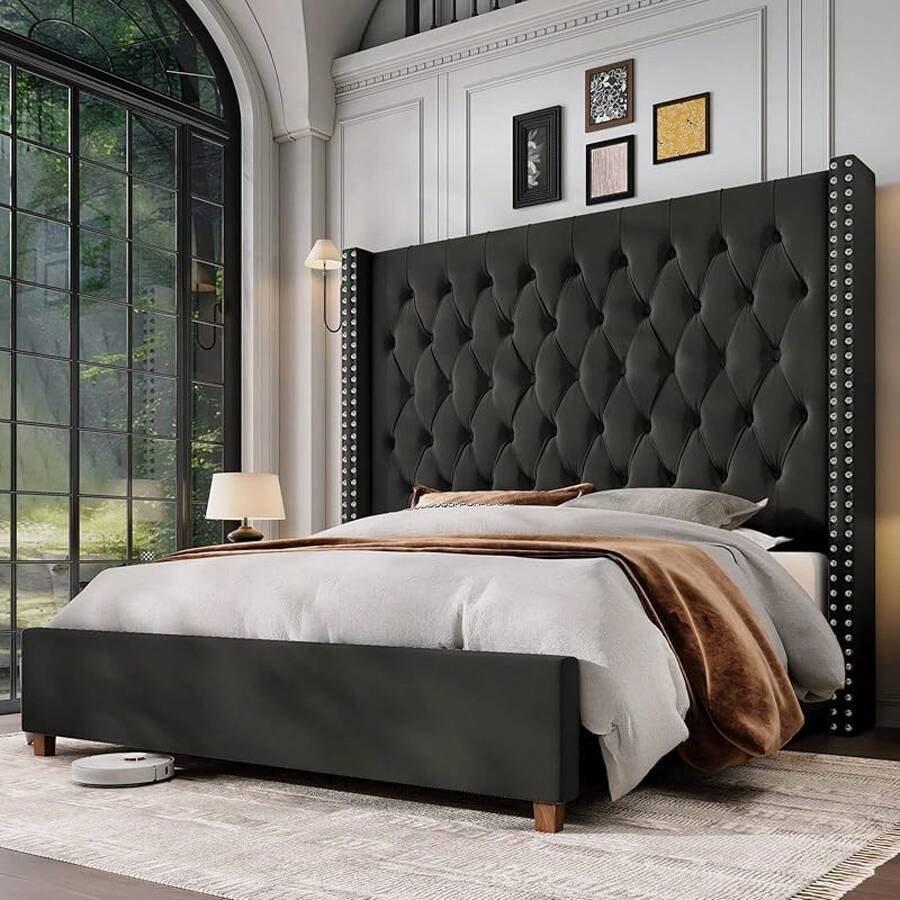 Luxury Velvet Wingback Bed Frame With 61.4" Tall Button Tufted Headboard - Platform, Solid Wood Legs, Modern Glam, Black - màu đen - Xem 1