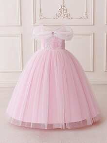 Young Girls Blue Off-Shoulder Tulle Princess Dress, Suitable For Party - Pink - View 4