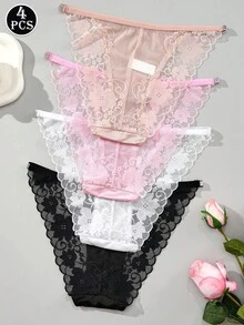 4件套女士高腰纯色柔软丝滑曲线三角裤套装，缎面蕾丝内裤 - 彩色 - 查看 3