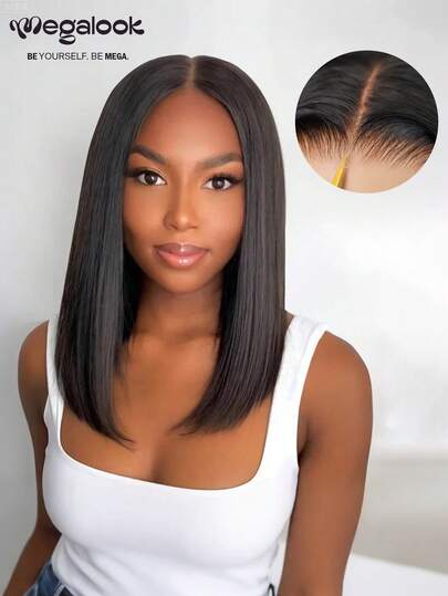 MEGALOOK 6x6 T型蕾丝前假发，直发波波头，100%真人发丝，12-26英寸，预剪预漂白发结，自然发际线，透明蕾丝闭合假发，12英寸短波波头假发 - 无需胶水，新手友好，全天舒适，自然发际线，隐形无痕，日常佩戴