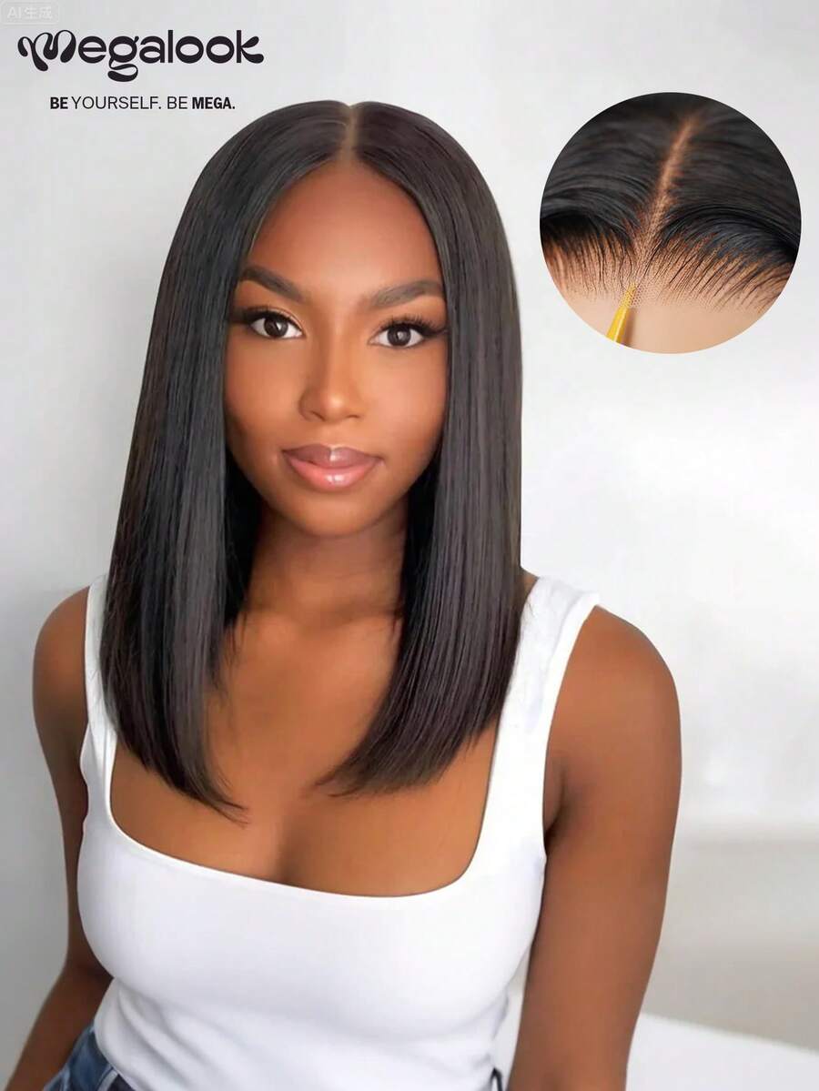 MEGALOOK 6x6 T型蕾丝前假发，直发波波头，100%真人发丝，12-26英寸，预剪预漂白发结，自然发际线，透明蕾丝闭合假发，12英寸短波波头假发 - 无需胶水，新手友好，全天舒适，自然发际线，隐形无痕，日常佩戴 - SNatural - 查看 1