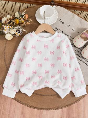 女童舒适羊毛运动衫 - 蝴蝶印花圆领套头衫，秋冬休闲保暖分层服装