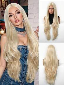 Blonde 32 Inch Long Straight Hair Wigs Curly Wave Wig No Lace Front Synthetic Heat Resistant Wigs For Women Girls For Daily Party Halloween Use Fashion Hair Wigs Perfect Festivals Gifts For Ladies - Vàng - Xem 2