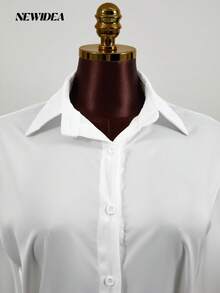 Elegant Women's White Satin-Like Long Sleeve Collared Shirt - Belted Button Front Blouse For Office, Going Out & Daily Wear