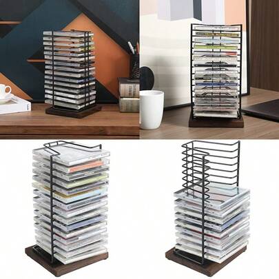 MyGift Matte Black Metal Wire Vertical Compact Disc Holder With And Burnt Wood Base Tabletop Storage CD Display Rack Holds 15 Jewel Cases