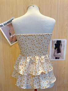 Cropped Top With Strapless Ruffled Print - ゴールド - チェックする 2
