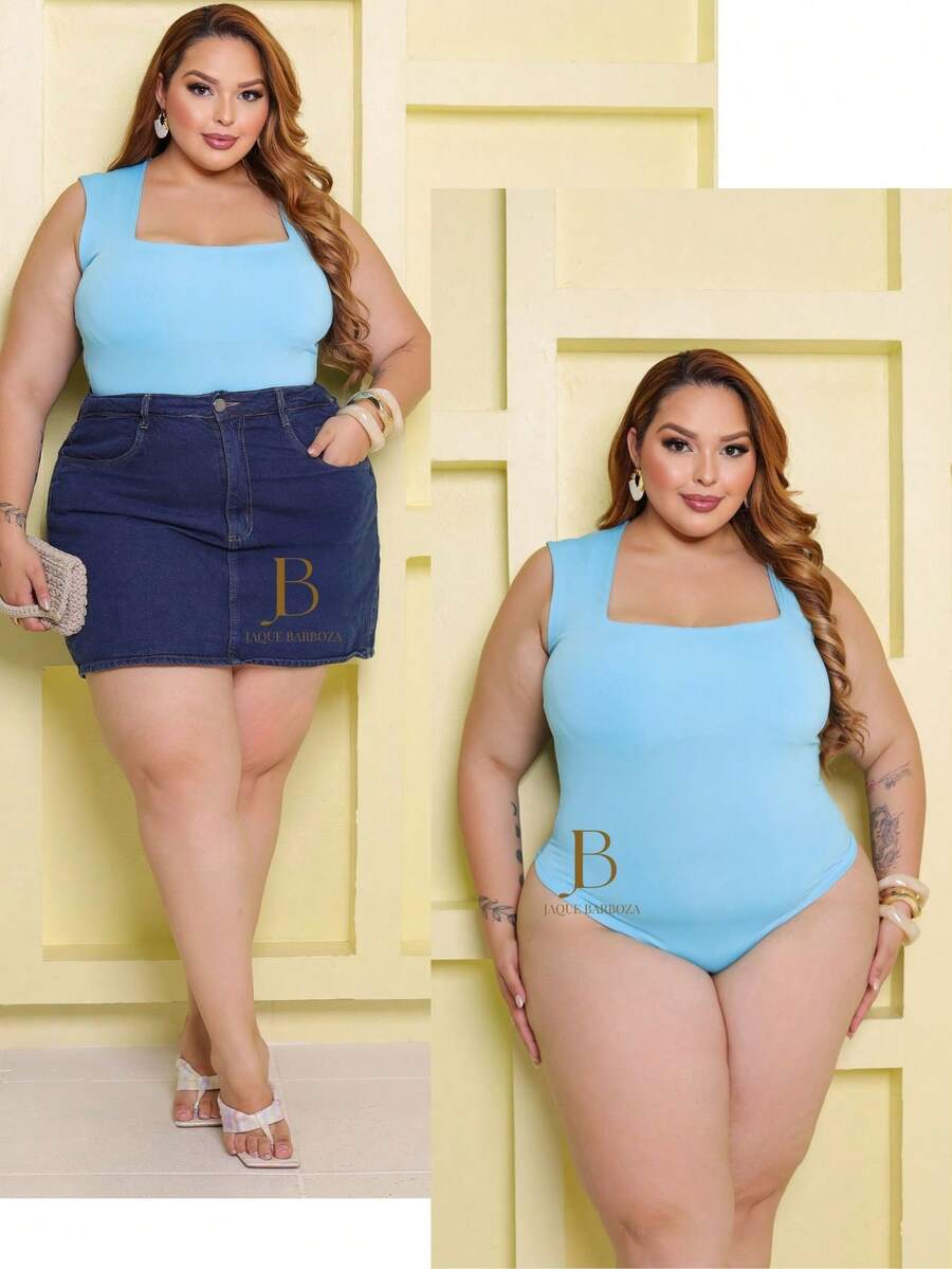 Body Regata Manga Curta Feminino Plus Size Verão Decote Quadrado Com Fecho - Azul bebê - Visão 1