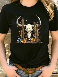 Camiseta playera gráfica dama mujer manga corta cuello redondo casual cómoda fresca ligera moderna juvenil corte regular estampado vaquero western cowboy cowgirl cactus desierto cuernos flores flor - Negro - Ver 1