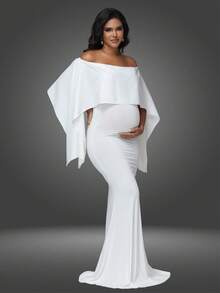 JustVH Pregnant Women Off-Shoulder Dress, Elegant Long Mermaid Gown Suitable For Baby Shower Photo Shoot White Spring - White - View 6