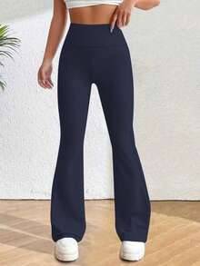 PETITE Solid High Rise Flared Straight Leg Pants - Navy Blue - View 3