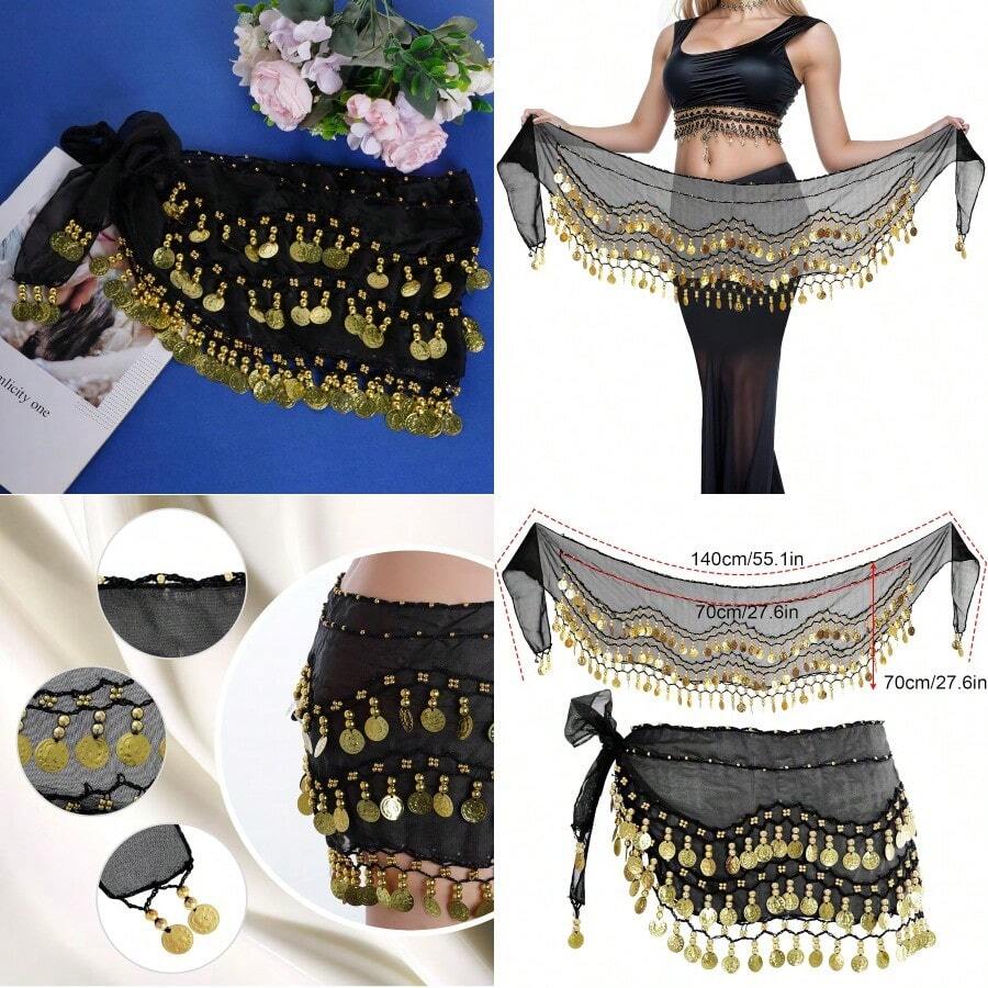YYC Women Belly Dance Hip Scarf With Sequins Coins Belly Dancing Skirts Wrap For Bellydance Halloween Performance Costume Fashion - 黑色 - 查看 1