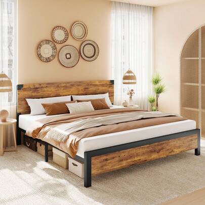 Techigher Queen Bed Frame With Wood Headboard,King Size Bed Frame,Platform Bed Frame With Under-Bed Storage And Metal Legs,Noise-Free,No Box Spring Ne