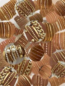 25/20/15/5pcs Fashion Elegant Vintage Minimalist Design Faux Pearl Crystal Geometric Pleated Knot Glossy Bracelet Set, Suitable For Women's Holiday Party, Daily Wear, Gift (Random Delivery) - Gold - View 14