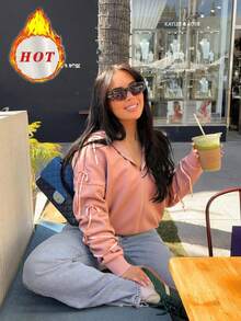 HoloChill Women's Casual Style Bow Tie Loose Fit Long Sleeve Hoodie Sweatshirt, Pink, 2025 Autumn/Winter New Arrival