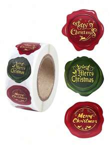 1 Roll (1Roll/500Pcs)Merry Christmas Sticker Roll, Christmas Decoration Label Stickers With Embossed Wax Seal Design, Envelope Stickers, Sealing Stickers, Gift Packaging Scrapbook Stickers, Candy Bag Decorations, Circular Party Gift Decorations - Multicolor - View 2