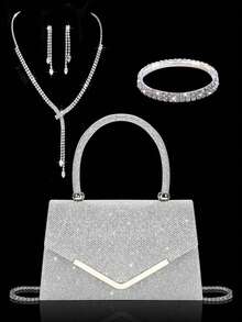 时尚闪亮的女士手提包晚宴包，优雅的派对金属翻盖手拿包单肩包，搭配闪闪发光的水钻首饰三件套，闪亮的水钻项链、耳环、手链，适合派对、舞会、聚会、晚宴 - 銀色 - 查看 10