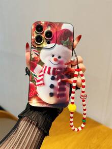 Christmas Cute Snowman Pattern Anti-Drop Full Coverage Phone Case With Beaded Lanyard, Suitable For Phone Case 17 Pro Max, 16Pro, 15/14/13, 12, 11 Pro Max, XS Max, X, XR, 8, 7, Plus, Suitable As Birthday Gift For Girlfriend/Boyfriend Or Personal Use